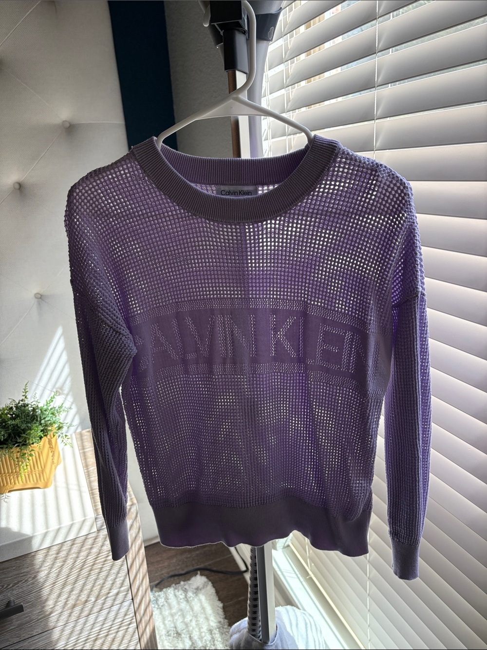 Calvin Klein Lavender Open-Weave Logo Crewneck Sweater